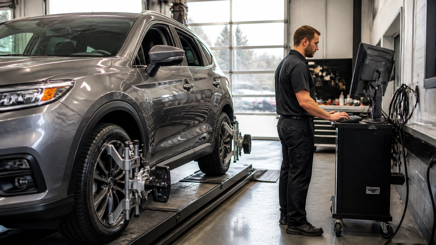 Automotive technician using diagnostic tools on a car at Auto Tech Solutions.
