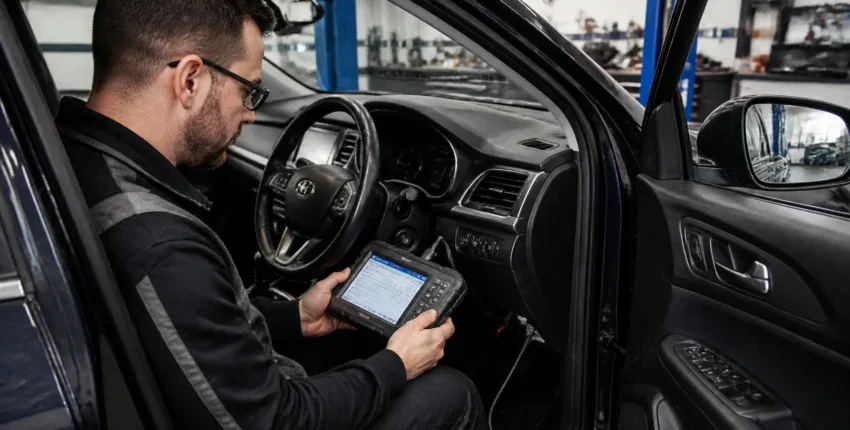 Technician using diagnostic scanner inside a car at Auto Tech Solutions.