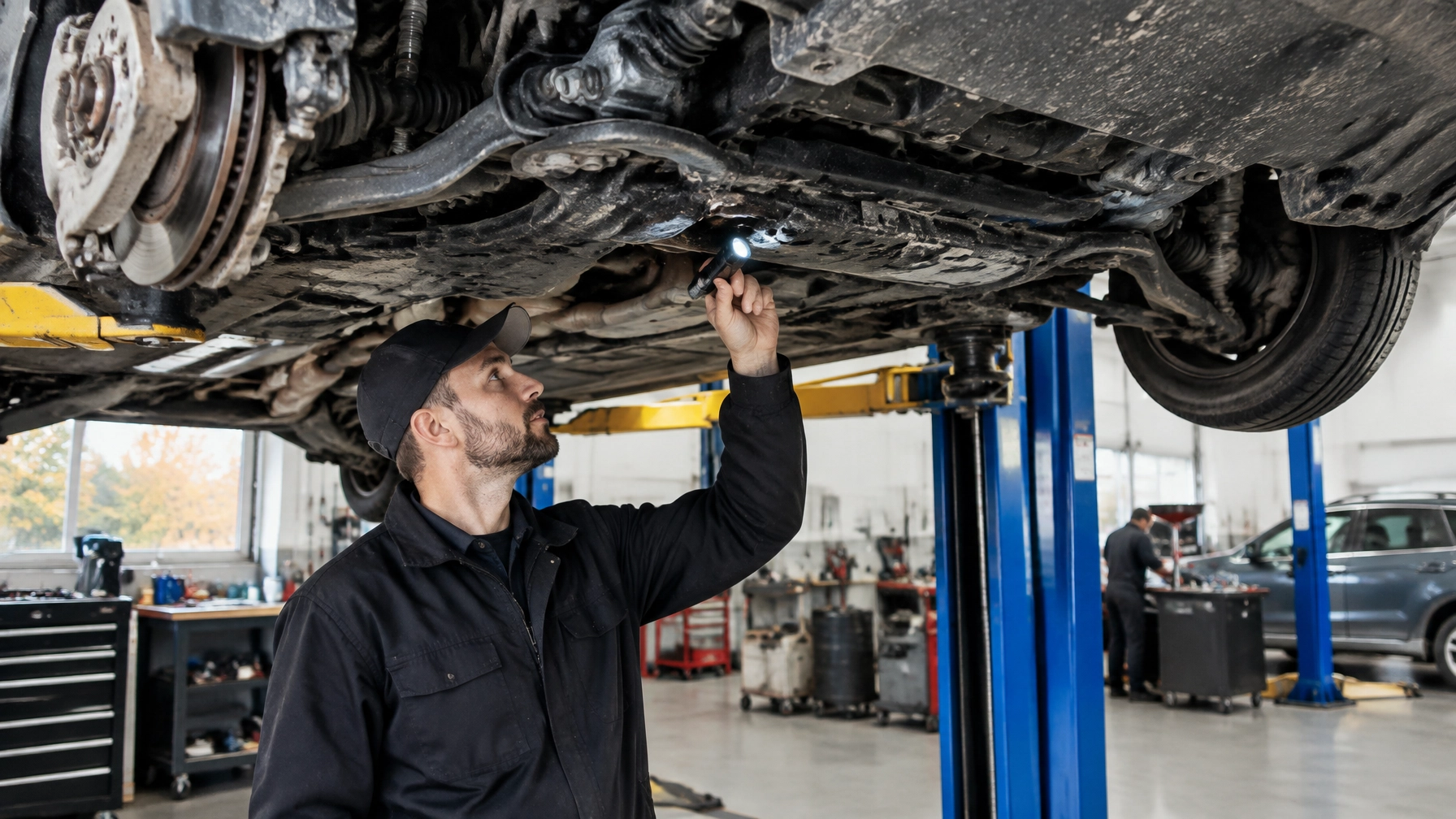 Auto technician inspecting undercarriage of vehicle in repair shop.