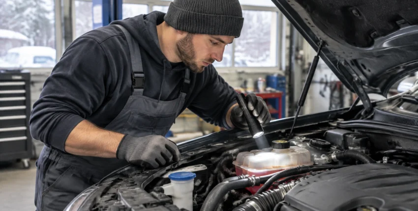 Auto technician inspecting car engine at Auto Tech Solutions.