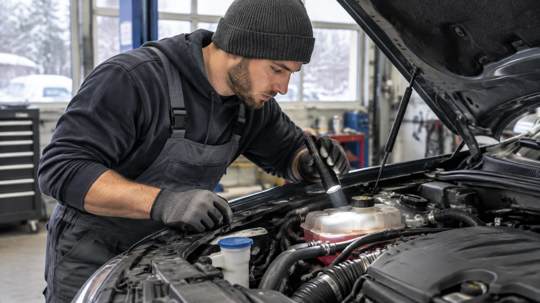 Auto technician inspecting car engine at Auto Tech Solutions.