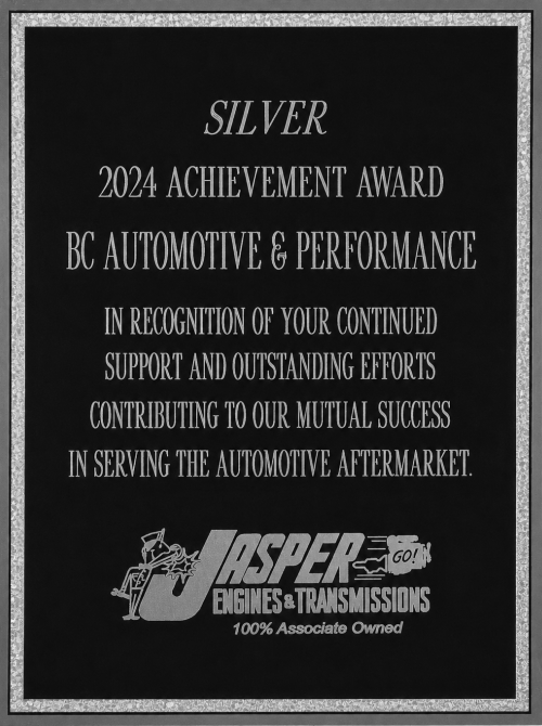 Recognition plaque for BC Automotive 2024 achievement award.