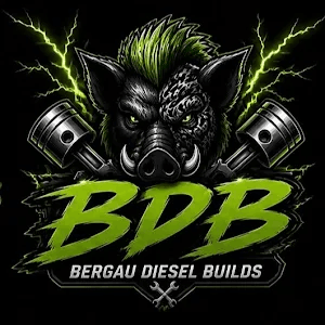 Aggressive boar mascot with green mohawk and pistons for Bergau Diesel Builds.