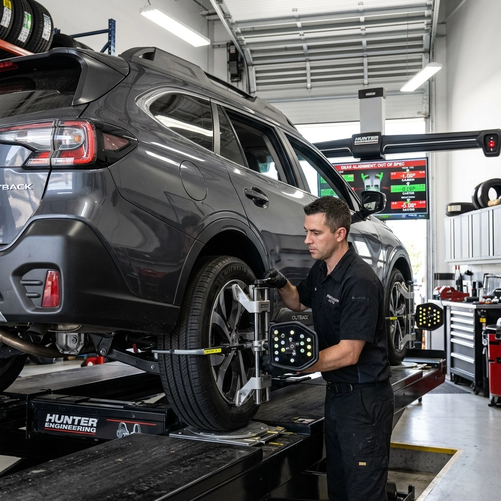 Auto technician performing vehicle diagnostics on a black SUV at Best Buy Auto Service.