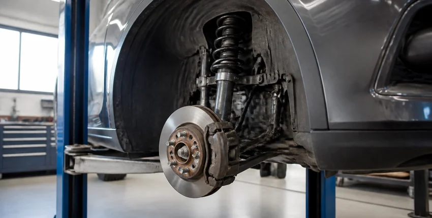 Car brake system being serviced at Best Buy Auto Service.