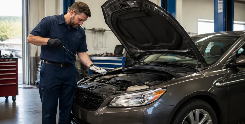 Mechanic performing an oil change on a vehicle