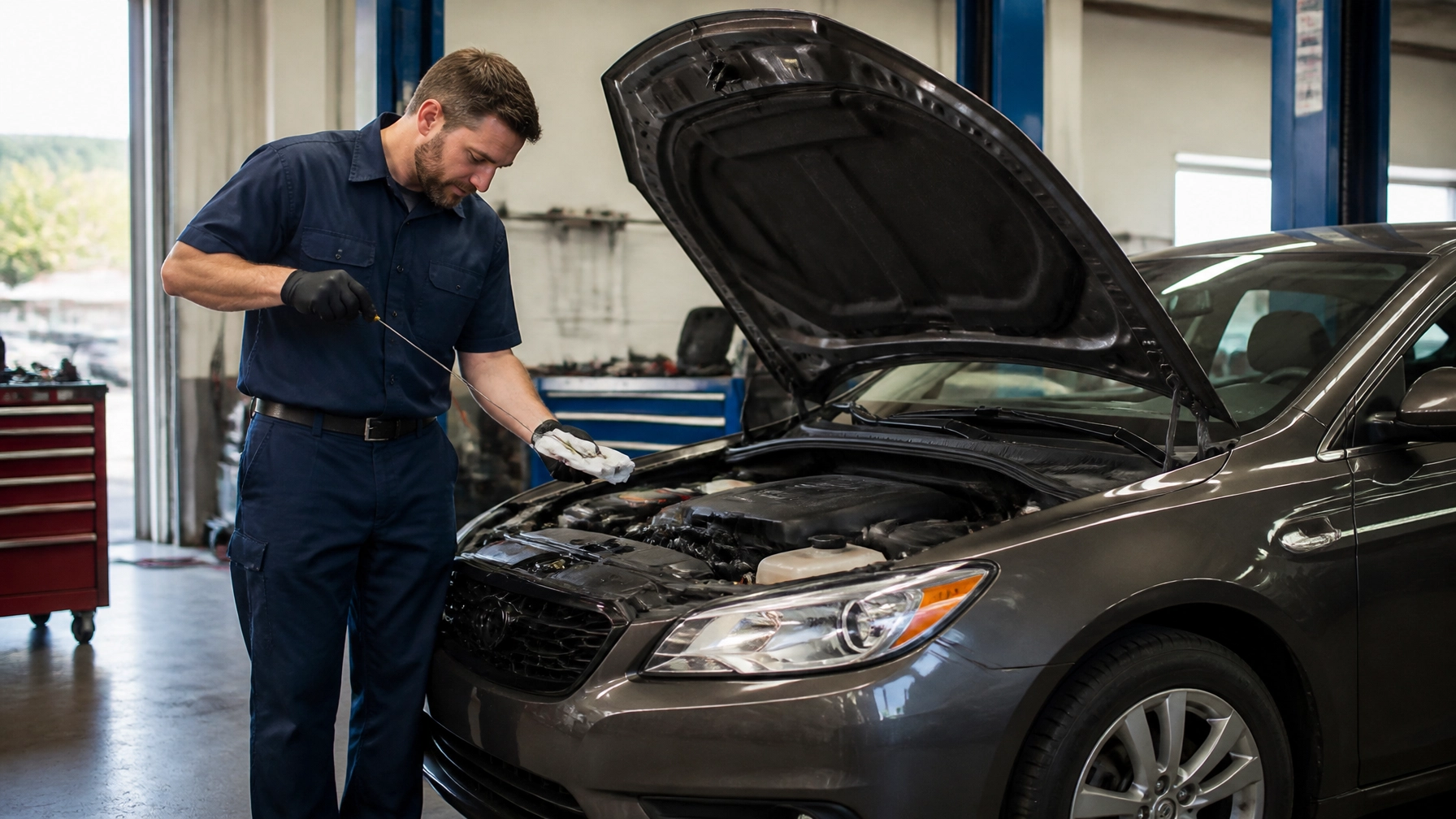 Mechanic performing an oil change on a vehicle