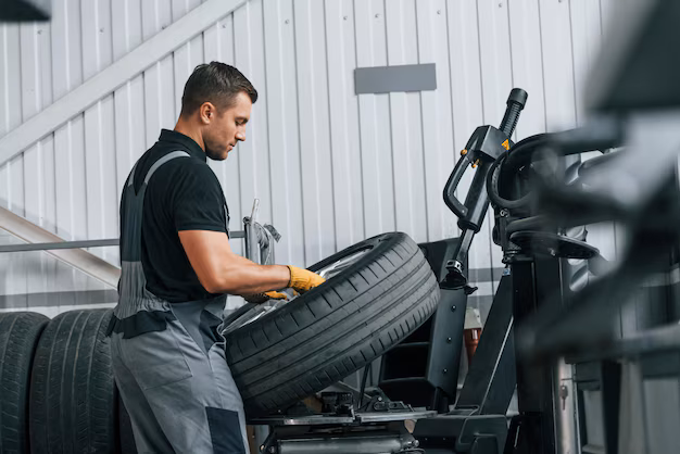 Mechanic in uniform walking while holding a car tire in an auto service workshop