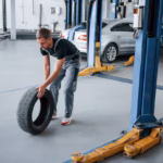 Mechanic rolling a car tire in an auto workshop