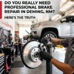Brake repair service at Big Sky Tire and Repair, Deming NM, with expert technicians working on vehic.