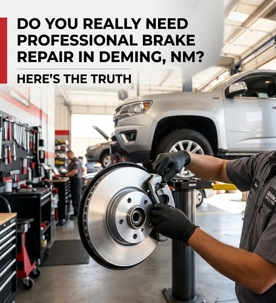 Brake repair service at Big Sky Tire and Repair, Deming NM, with expert technicians working on vehic.