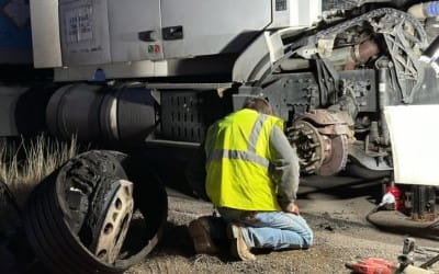 Technician repairing truck tire at Big Sky Tire and Repair.