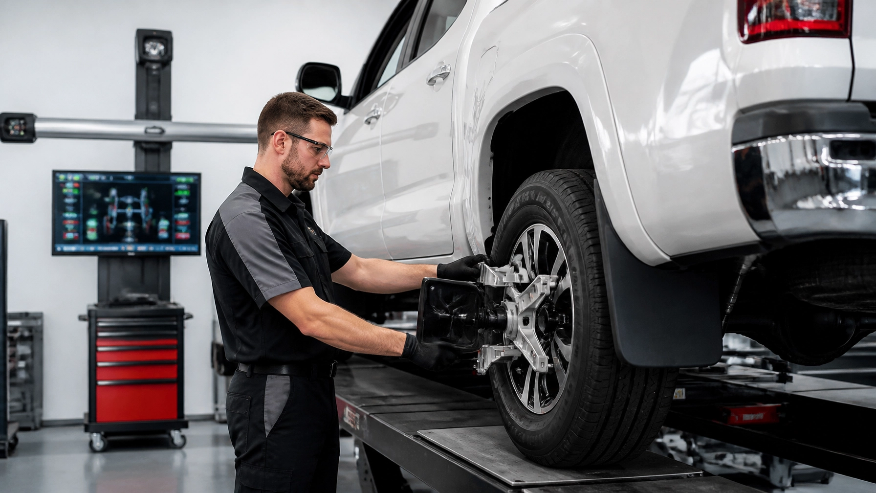 Technician inspecting a white truck's wheel at Big Sky Tire and Repair.