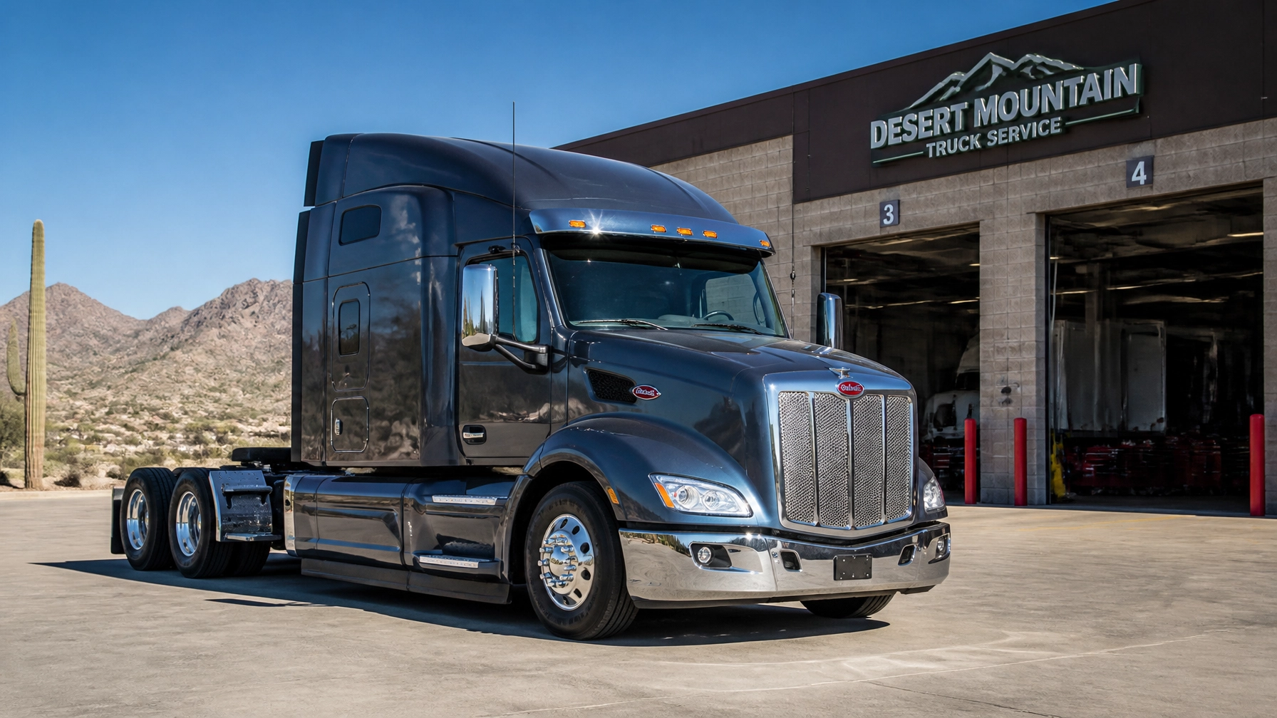 Large black semi-truck parked outside Desert Mountain Truck Service.