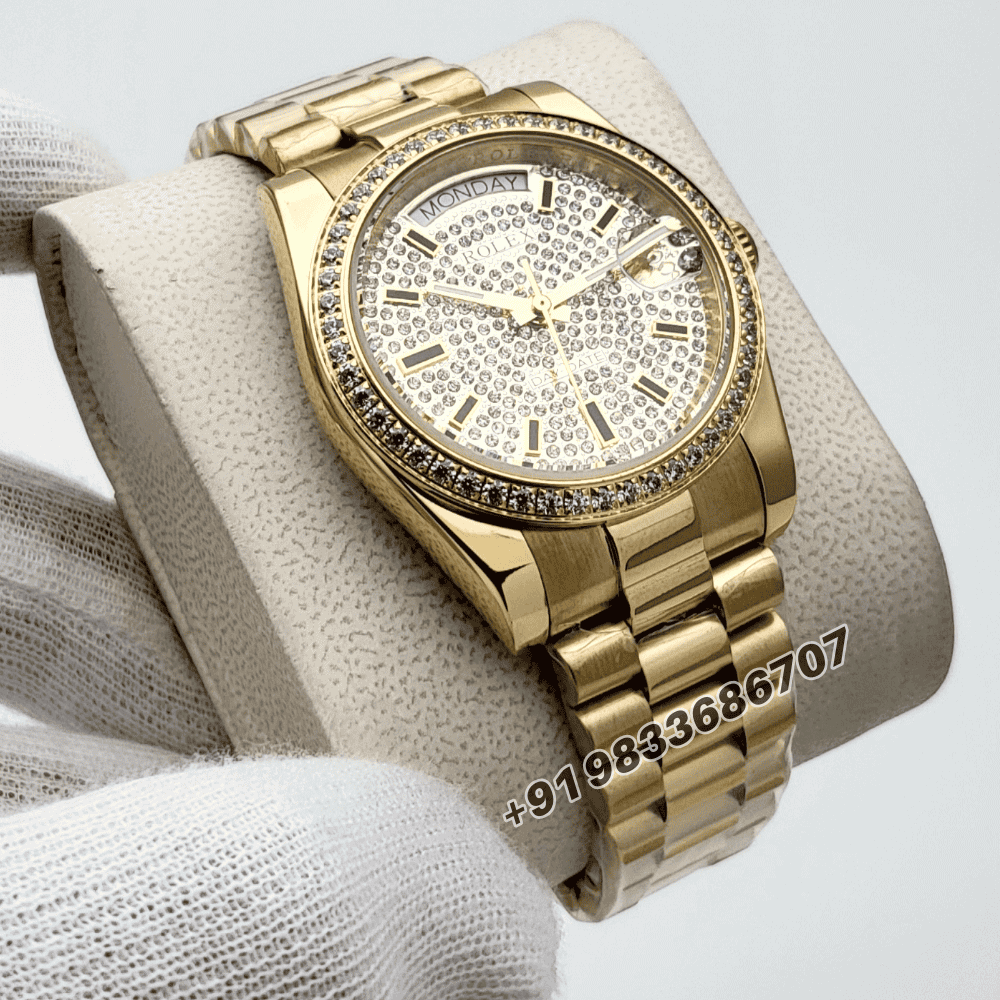 Rolex Day- Date Full Gold Diamond Bezel Stick Marker Diamond Studded Dial Super High Quality Swiss Automatic Watch