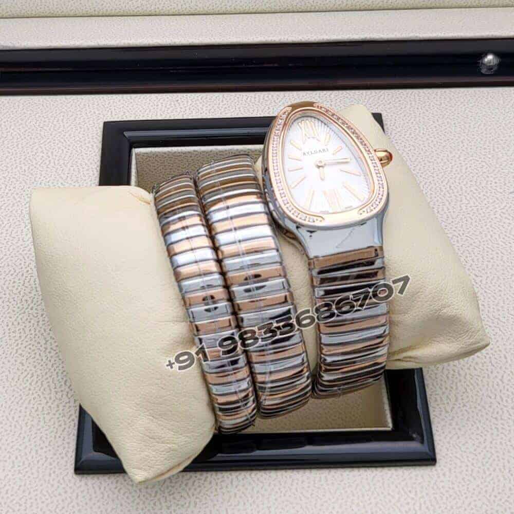 Bvlgari Serpenti Dual Tone Double Spiral White Dial Brilliant Cut Diamond Set Bezel Super High Quality Watch