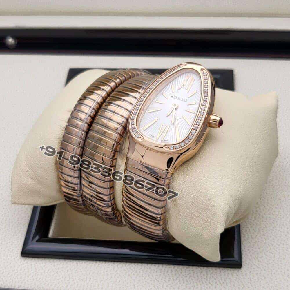 Bvlgari Serpenti Rose Gold Double Spiral White Dial Brilliant Cut Diamond Set Bezel Super High Quality Watch