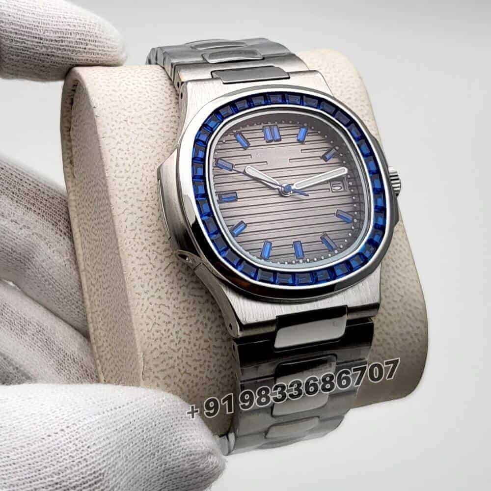 Patek Philippe Nautilus Silver Blue Emerald Super High Quality Swiss Automatic Watch (1)