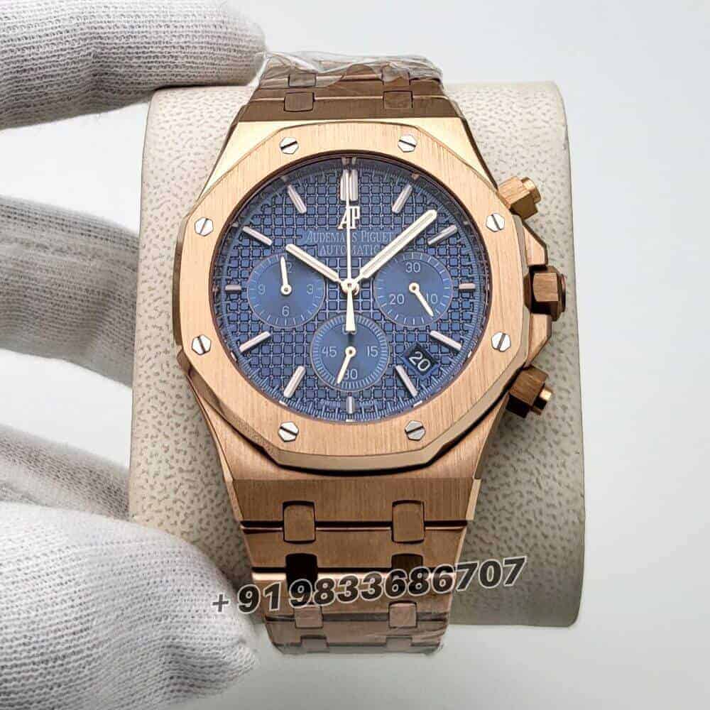 audemars piguet copy Royal Oak Chronograph Full Rose Gold Blue Dial 41mm