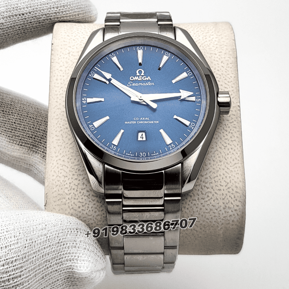 omega watches 1st copy Aqua Tera Co-Axial Master Chronometer Full Silver Blue Dial