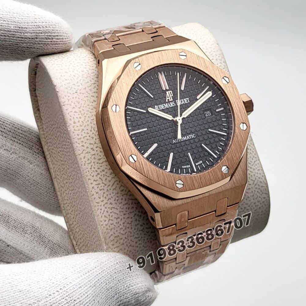 Audemars Piguet Royal Oak Rose Gold Black Dial Super High Quality Swiss Automatic Watch (1)