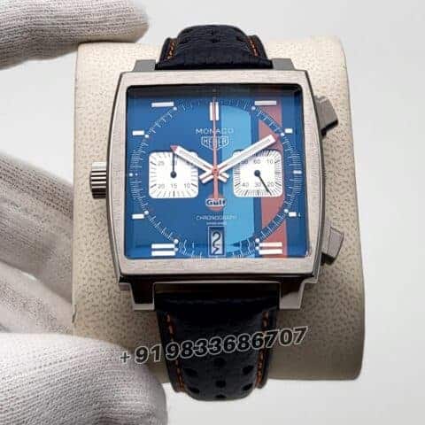 Tag Heuer Monaco Gulf Chronograph Silver Multicolour Dial Leather Strap Super High Quality Watch (1)