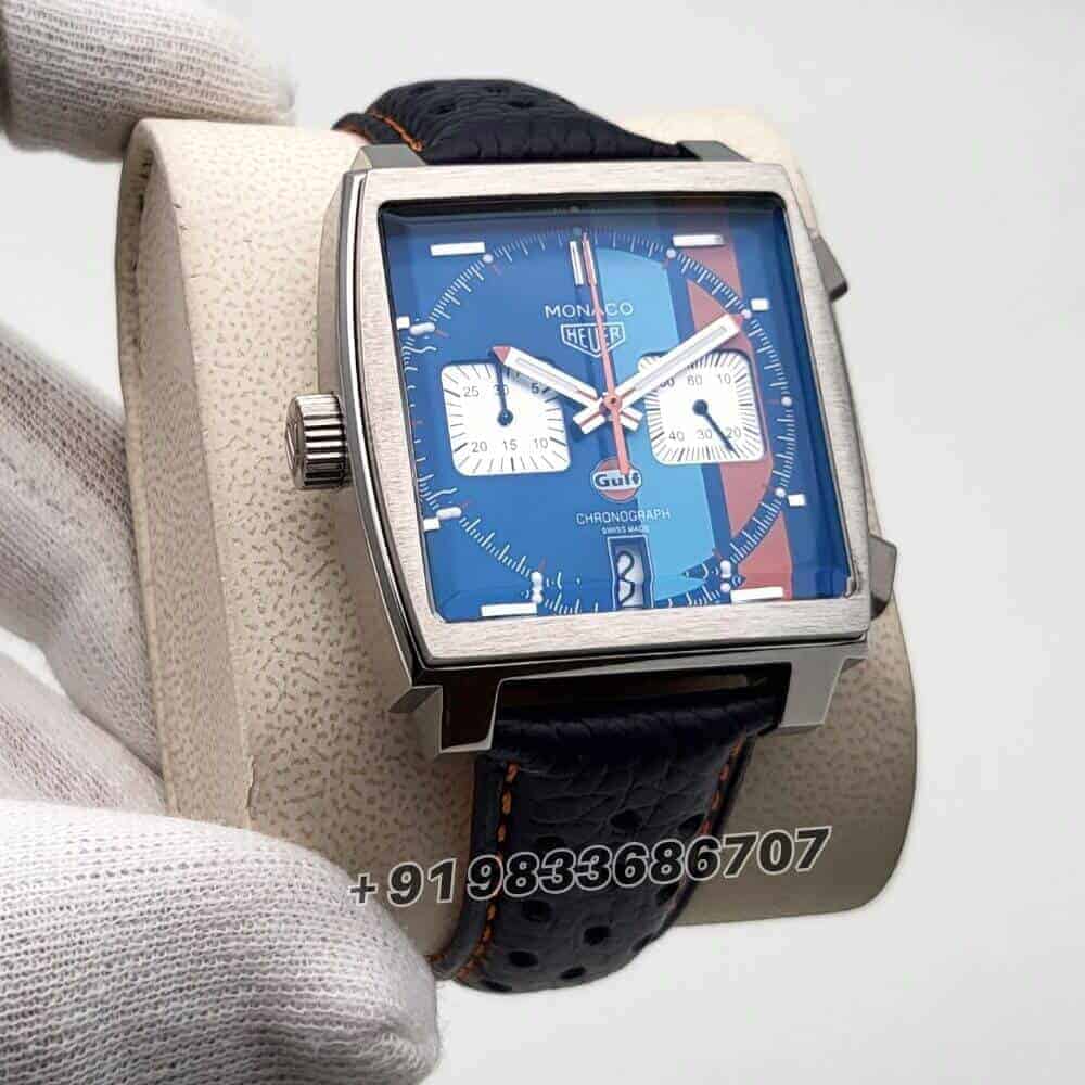Tag Heuer Monaco Gulf Chronograph Silver Multicolour Dial Leather Strap Super High Quality Watch (1)