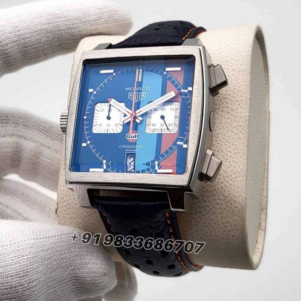 Tag Heuer Monaco Gulf Chronograph Silver Multicolour Dial Leather Strap Super High Quality Watch (1)