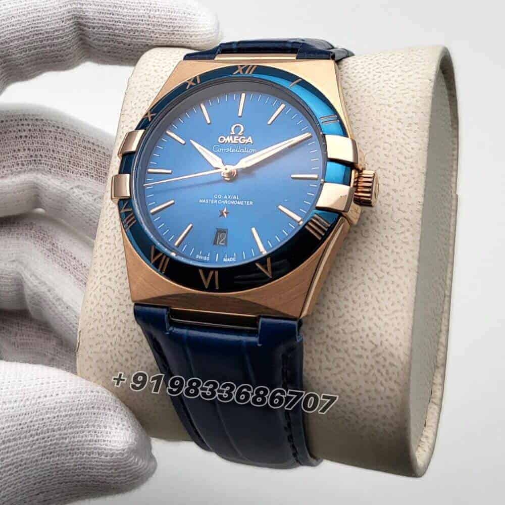 Omega Constellation Master Chronometer Rose Gold Blue Dial Super High Quality Swiss Automatic Watch (1)