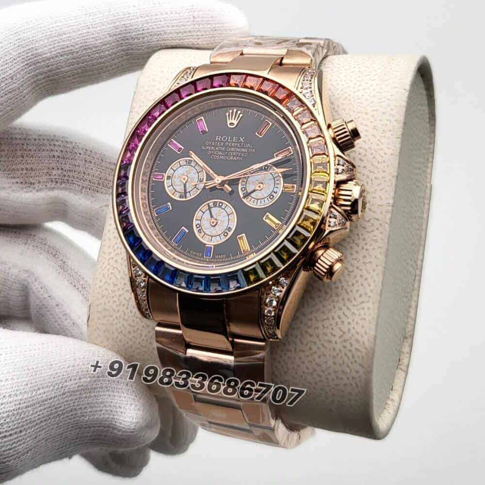Rolex Daytona Rainbow Full Rose Gold Diamond Bezel Black Dial Super High Quality Swiss Automatic Watch (1)