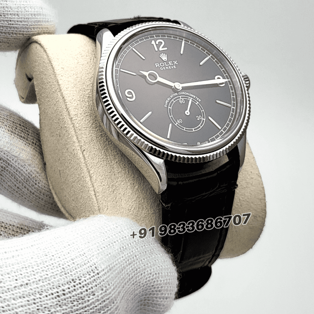 Rolex 1908 18kt White Gold Intense Black Dial Alligator Strap 39mm Exact 1:1 Top Quality Super Clone Swiss ETA 7140 Automatic Movement Watch