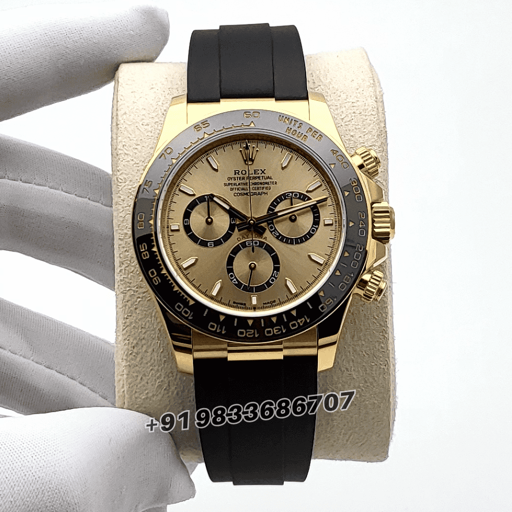 Rolex Cosmograph Daytona 18kt Yellow Gold Oysterflex Golden Dial 40mm Exact 11 Top Quality Super Clone Replica Swiss ETA 4131 Automatic Movement Watch