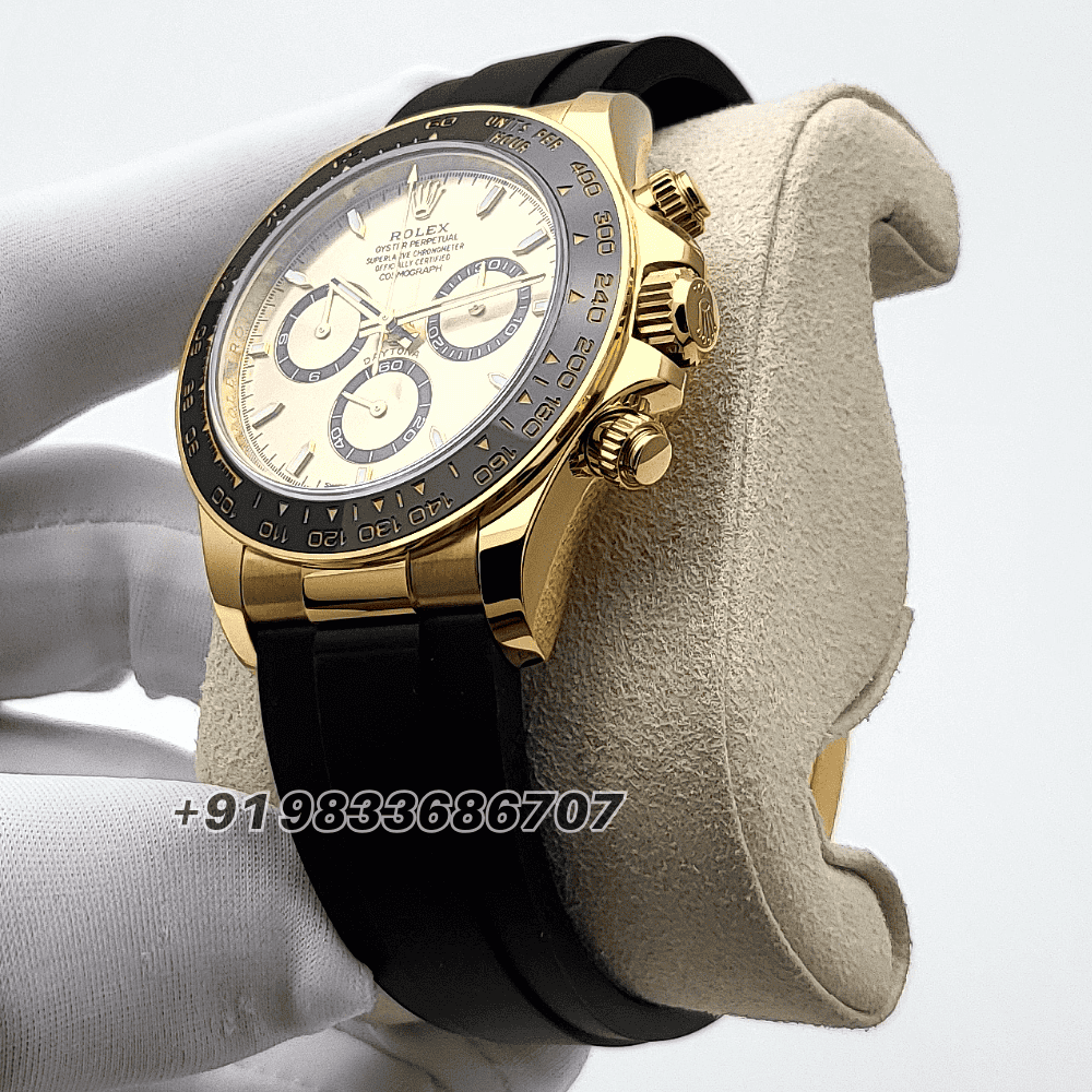 Rolex Cosmograph Daytona 18kt Yellow Gold Oysterflex Golden Dial 40mm Exact 11 Top Quality Super Clone Replica Swiss ETA 4131 Automatic Movement Watch