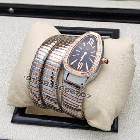 Bulgari Serpenti Dual Tone Double Spiral Black Dial Brilliant Cut Diamond Set Bezel Super High Quality Watch
