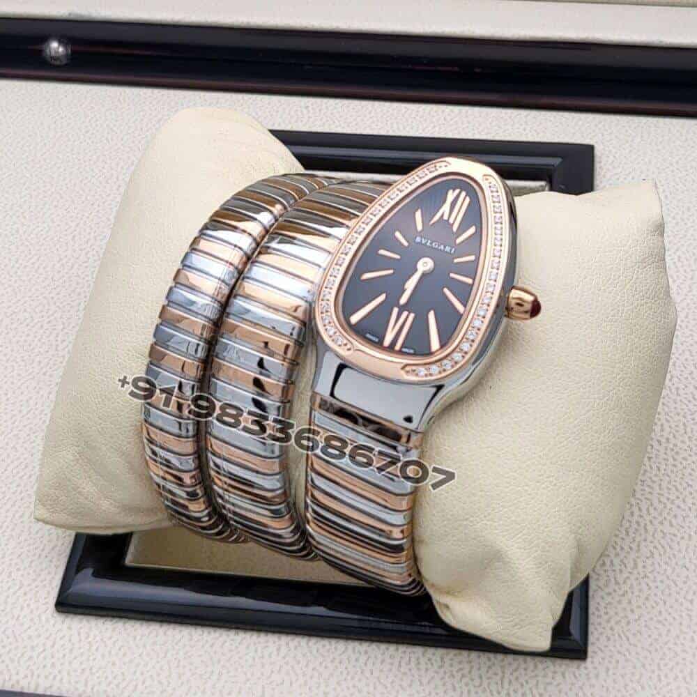 Bulgari Serpenti Dual Tone Double Spiral Black Dial Brilliant Cut Diamond Set Bezel Super High Quality Watch