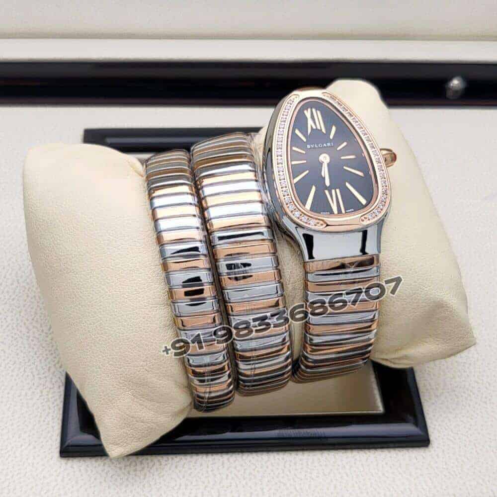Bulgari Serpenti Dual Tone Double Spiral Black Dial Brilliant Cut Diamond Set Bezel Super High Quality Watch