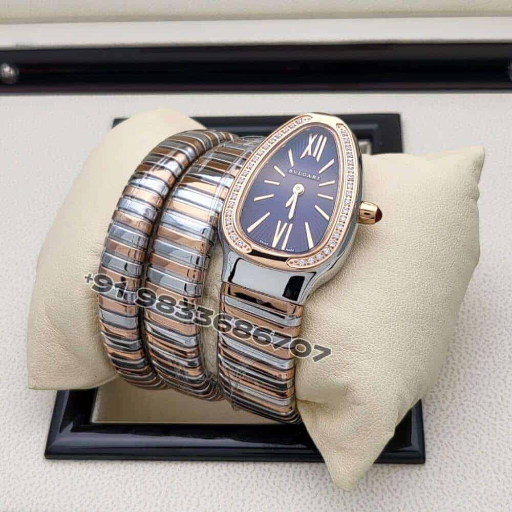 Bulgari Serpenti Dual Tone Double Spiral Blue Dial Brilliant Cut Diamond Set Bezel Super High Quality Watch