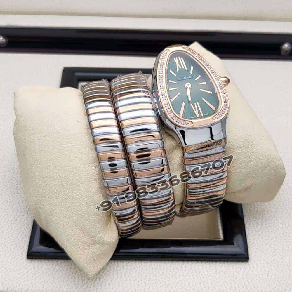Bulgari Serpenti Dual Tone Double Spiral Green Dial Brilliant Cut Diamond Set Bezel Super High Quality Watch