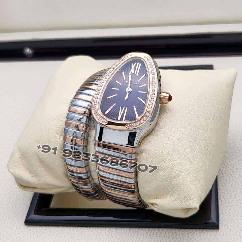 Bulgari Serpenti Dual Tone Single Spiral Blue Dial Brilliant Cut Diamond Set Bezel Super High Quality Watch