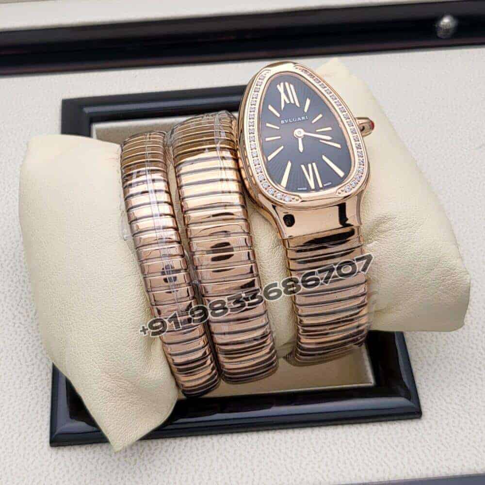 Bulgari Serpenti Rose Gold Double Spiral Black Dial Brilliant Cut Diamond Set Bezel Super High Quality Watch