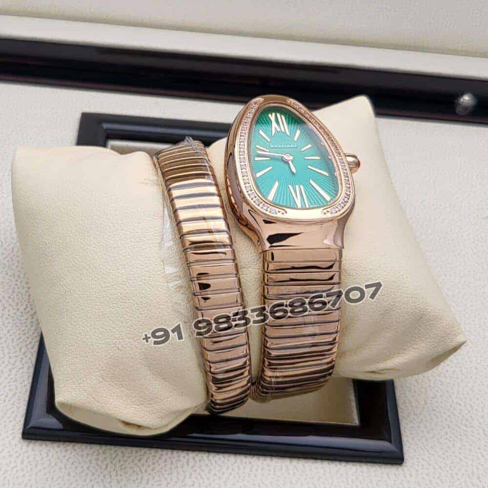 Bulgari Serpenti Rose Gold Single Spiral Green Dial Brilliant Cut Diamond Set Bezel Super High Quality Watch