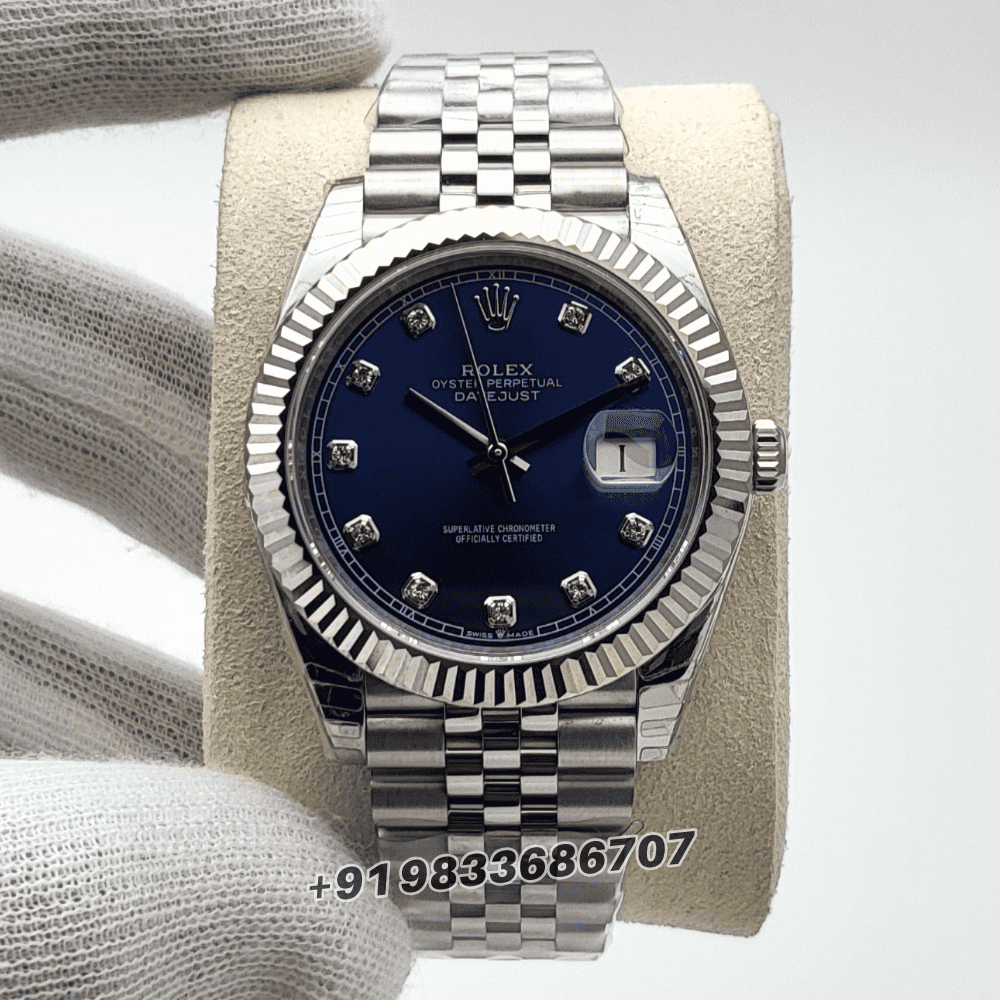 Rolex Datejust Oystersteel and White Gold Bright Blue with Diamonds Set Dial 41mm Exact 11 Top Quality Super Clone Swiss ETA 3235 Automatic Movement Watch