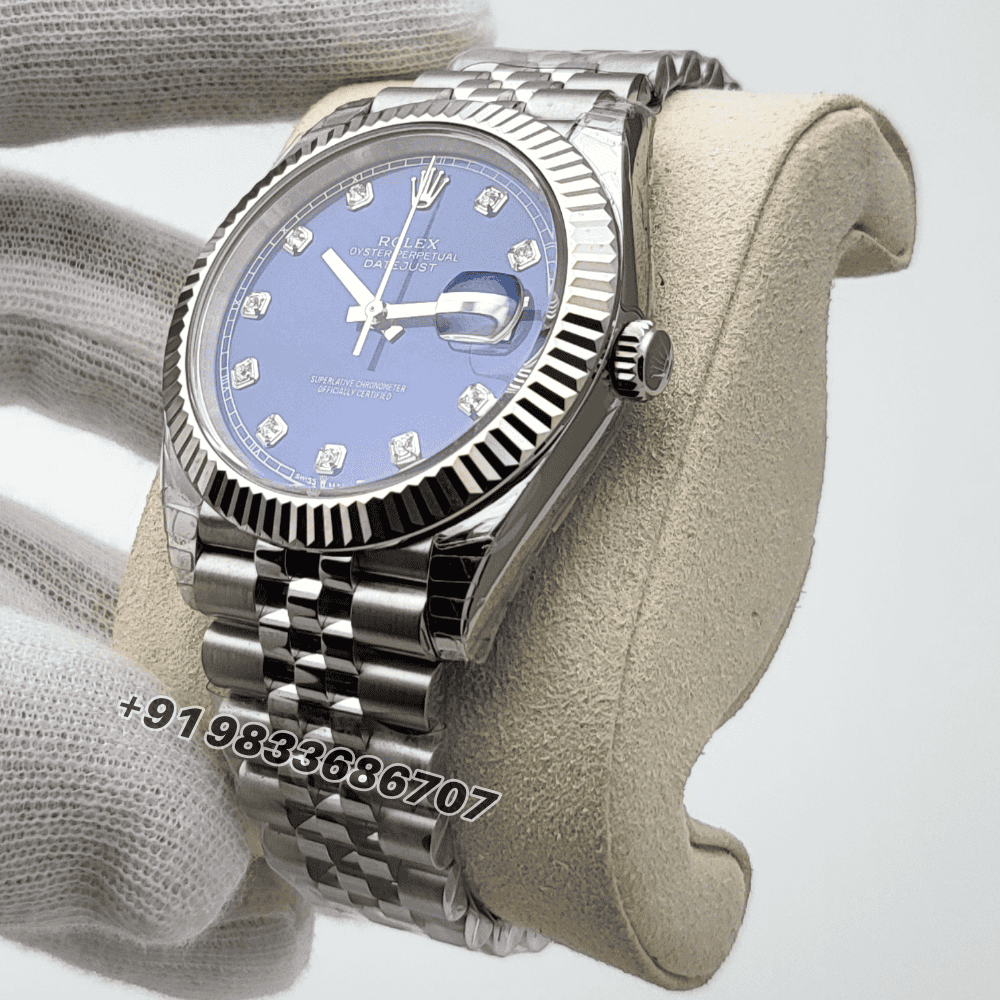Rolex Datejust Oystersteel and White Gold Bright Blue with Diamonds Set Dial 41mm Exact 11 Top Quality Super Clone Swiss ETA 3235 Automatic Movement Watch