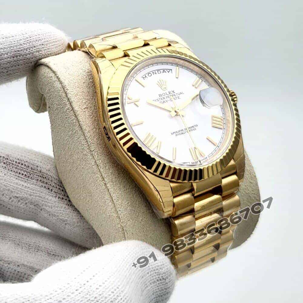 Rolex Day-Date 18kt Yellow Gold White Dial 40mm Exact 1:1 Top Quality Super Clone Replica Swiss ETA 3255 Automatic Movement Watch