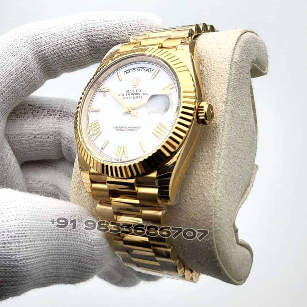 Rolex Day-Date 18kt Yellow Gold White Dial 40mm Exact 1:1 Top Quality Super Clone Replica Swiss ETA 3255 Automatic Movement Watch
