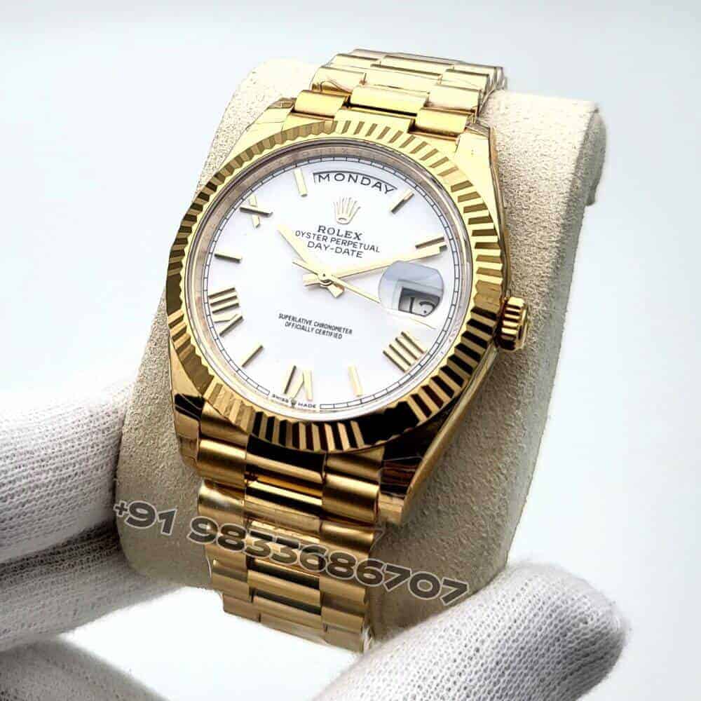 Rolex Day-Date 18kt Yellow Gold White Dial 40mm Exact 1:1 Top Quality Super Clone Replica Swiss ETA 3255 Automatic Movement Watch