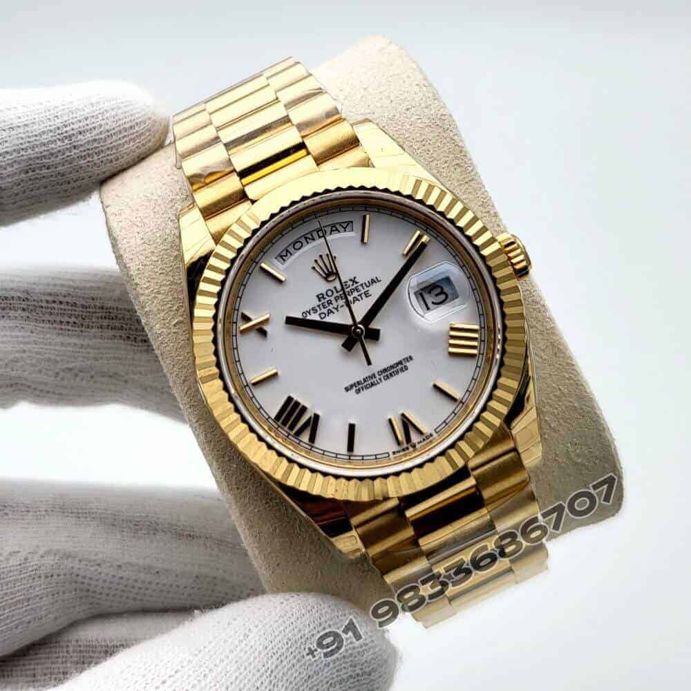 Rolex Day-Date 18kt Yellow Gold White Dial 40mm Exact 1:1 Top Quality Super Clone Replica Swiss ETA 3255 Automatic Movement Watch