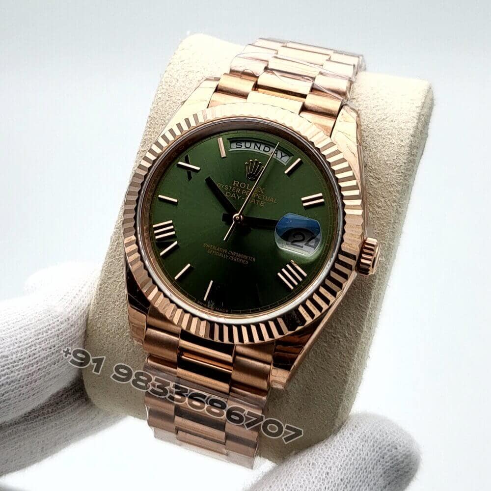 Rolex Day-Date Everose Gold Olive Green Dial 40mm Exact 1:1 Top Quality Super Clone Replica Swiss ETA 3255 Automatic Movement Watch