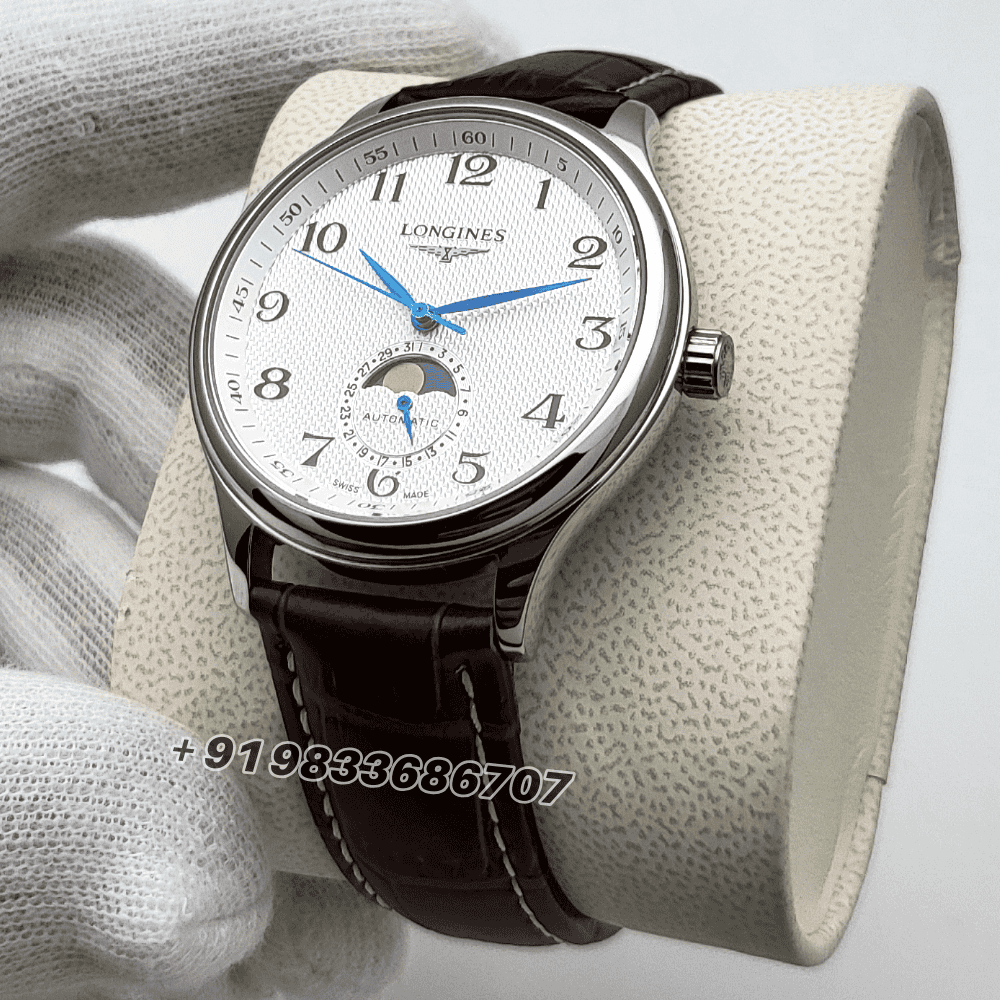Longines Master Collection Moonphase Silver Dial Leather Strap Super High Quality Swiss Automatic Watch
