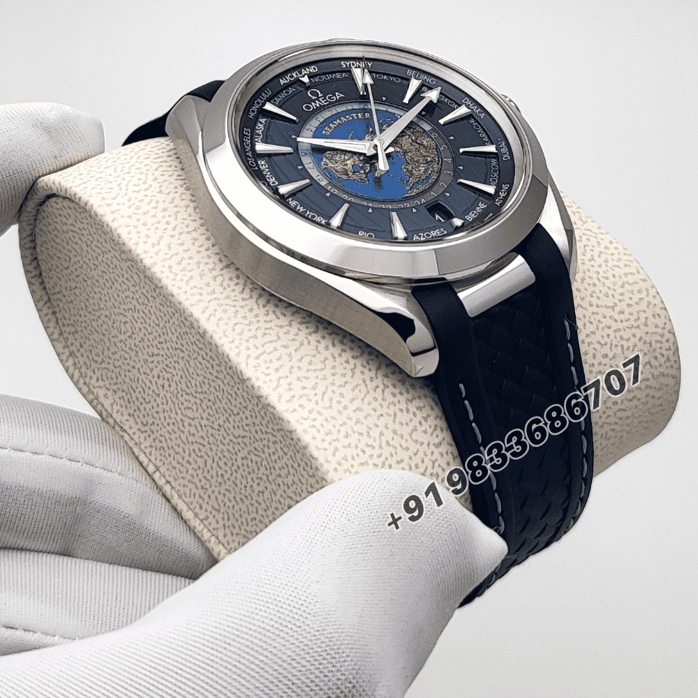 Omega Seamaster Aqua Terra Steel on Rubber 150m Co-Axial Master Chronometer GMT Worldtimer 43mm Exact 1:1 Top Quality Super Clone Replica Swiss ETA 8938 Automatic Movement Watch